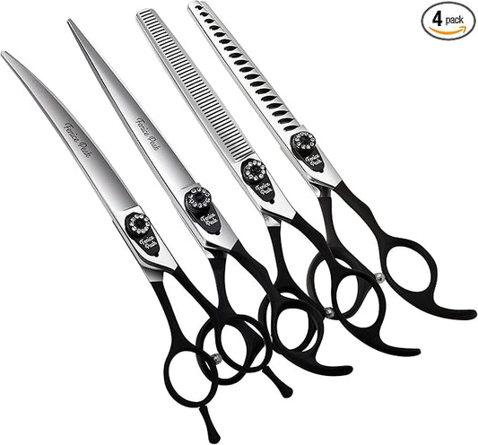 Fenice Peak 7.5'' Professional Dog Grooming Scissors Set with Black Non-Slip Handle 440C Stainless Steel Straight Thinning Curved Chunker Shears 4pcs Set for Pet Grooming Services