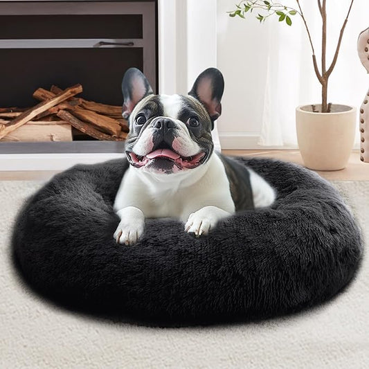 JOLLYVOGUE Calming Dog & Cat Bed for Small Dogs, Anti-Anxiety Donut Cuddler Cozy Soft Round Bed with Anti-Slip Bottom, Fluffy Faux Fur Plush Cushion Beds for Small Medium Pets (23")