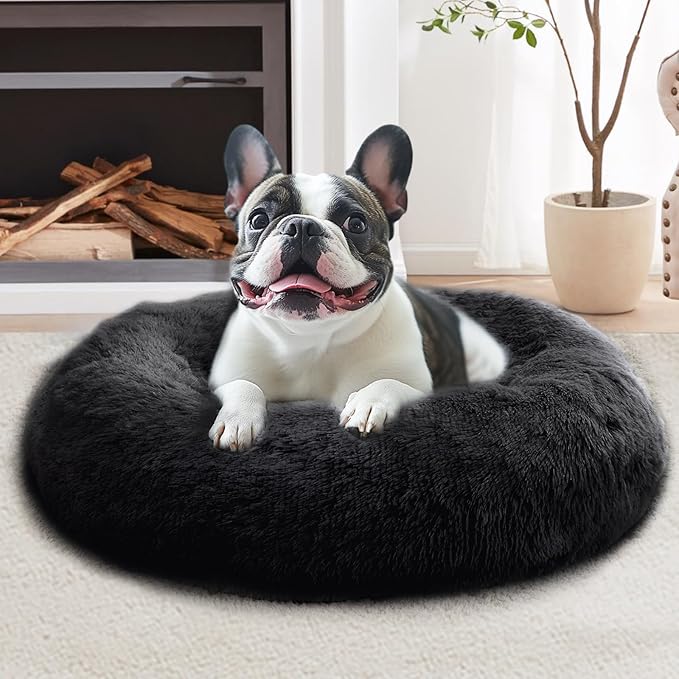JOLLYVOGUE Calming Dog & Cat Bed for Small Dogs, Anti-Anxiety Donut Cuddler Cozy Soft Round Bed with Anti-Slip Bottom, Fluffy Faux Fur Plush Cushion Beds for Small Medium Pets (20")