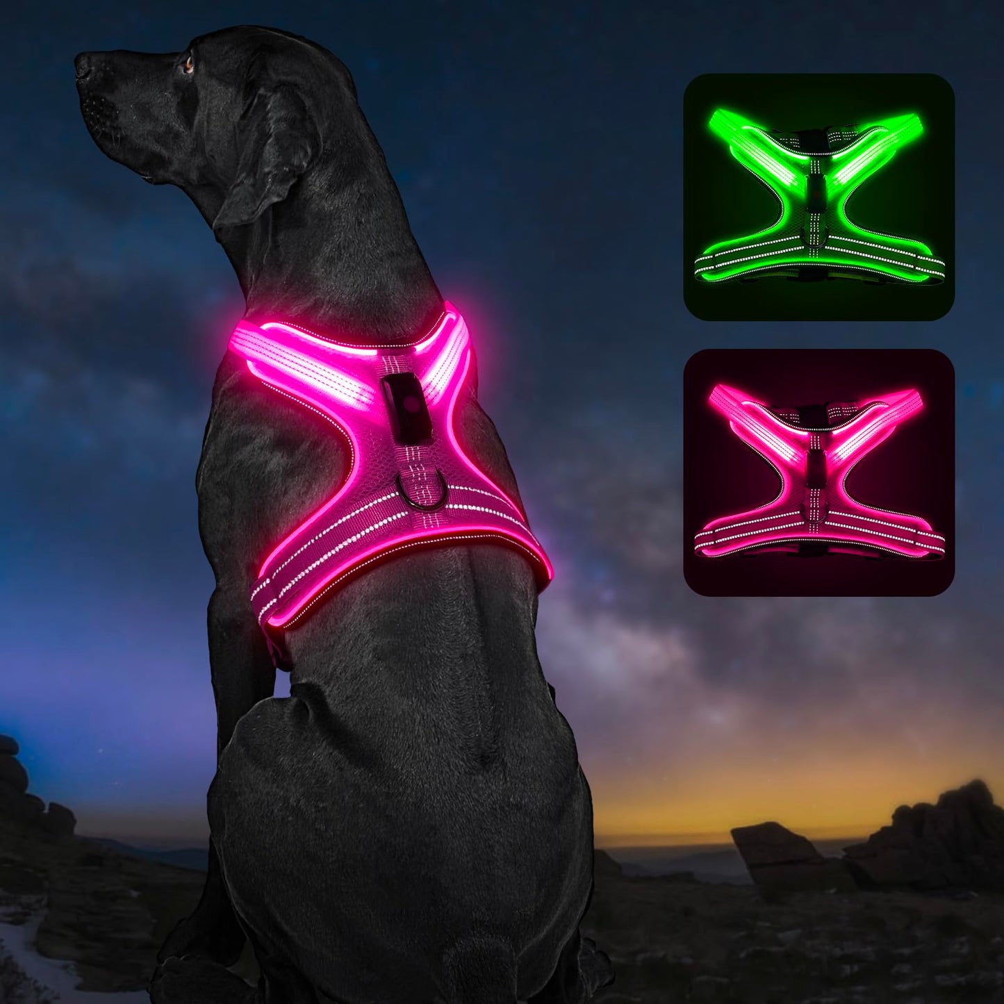 Light Up Dog Harness, Rechargeable LED Dog Harness with Battery Level Indicator, Adjustable Reflective Safety Vest for Night Walking, Soft Mesh Lighted Harness for Medium Large Dogs(5-90lbs)