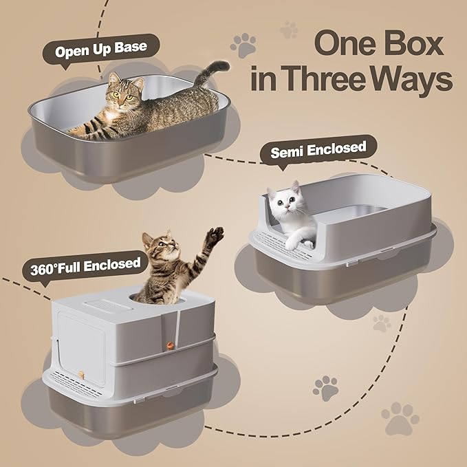 Jalove Stainless Steel Cat Litter Box with Lid, XL Extra Large Metal Litter Box for Big Cat, Covered Enclosed Kitty Litter Boxes, High Sided Enclosure with Scoop & Mat, Easy Cleaning, Light Gray