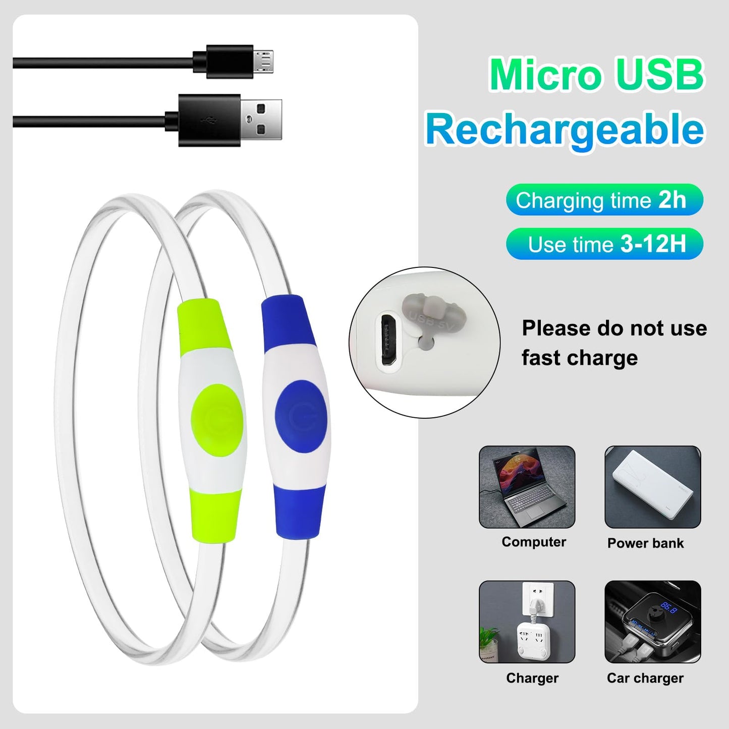 2 Packs Light Up Dog Collar, LED Dog Collar, USB Rechargeable Dog Lights for Night Walking, Adjustable Glow in The Dark Collars for Small Medium Large Dogs, Waterproof Safety Pets Lights Green&Blue