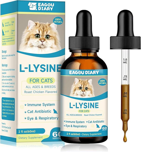 L-Lysine for Cats,Lysine Drops Immune Support Supplement,Sneezing,Cold,Allergy Relief,Runny Nose,Feline Respiratory,Natural Antibiotics for Cats with Colostrum,Taurine (Roast Chicken Flavor/2floz)