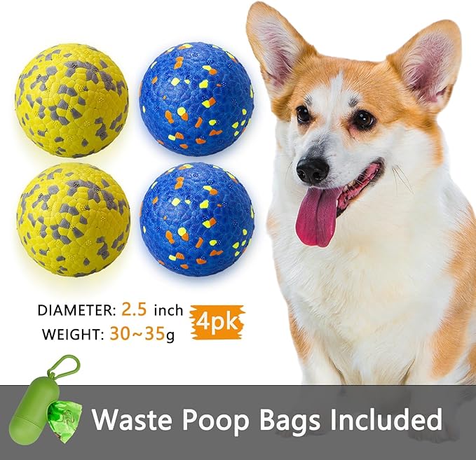 Dog Tennis Balls for Aggressive Chewers, Indestructible Dog Balls for Fetch Game, Durable Bouncy Lightweight Floating Toys (2 Blue + 2 Yellow, Small (2.5" Diameter))