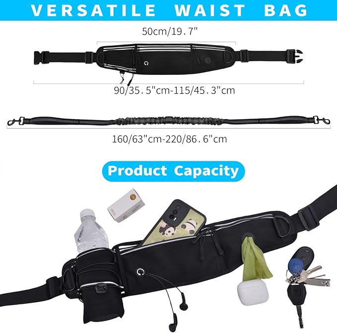 Hands Free Dog Leash with Pouch, Waist Leash for Dog Walking Bungee Leashs Reflective Dual Padded Handles, Running leashe for Dogs Large & Medium Dogs