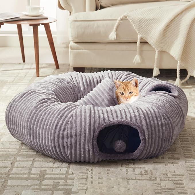 Cat Tunnel Bed for Indoor Cats - Cute Cat Donut Tunnel with Washable Circle Cushion and Blackout Tent Round Pet Play Toy for Kitten/Puppy/Rabbit, Grey
