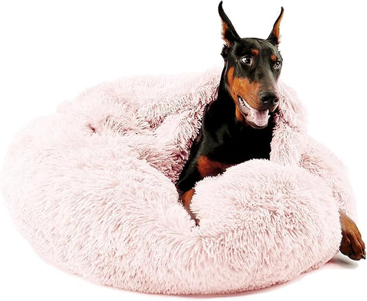 Himax Dog Beds for Large Dogs, Comfort Dog Bed with Blanket Attached, Calming Anti-Anxiety Fluffy Dogs Beds Washable (20"/26"/35") Pink