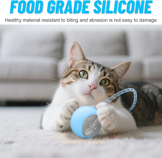 Interactive Cat Toy Ball for Indoor Cats with Mesh Tail & Foils, Automatic Rolling Three Modes Agile Moving Cat Ball to Keep Them Busy Rechargeable, Blue