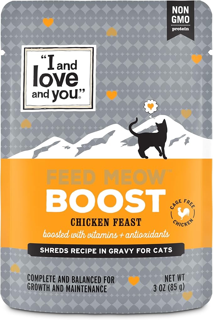 I and love and you Feed Meow Boost Wet Cat Food - Chicken - Antioxidants & Vitamins for Vitality, Grain Free, Shredded, 3oz Pack of 12