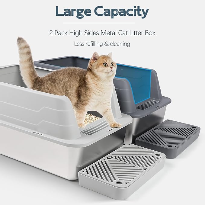 2 Pack Stainless Steel Litter Box, XL 22.9”x15”x 10.3” High Sided Metal Cat Litter Tray with Scoop, Filter Pedal for Anti-Splash, Odor-Free, Non-Sticky, Easy to Clean (Dark Grey&Light Grey)