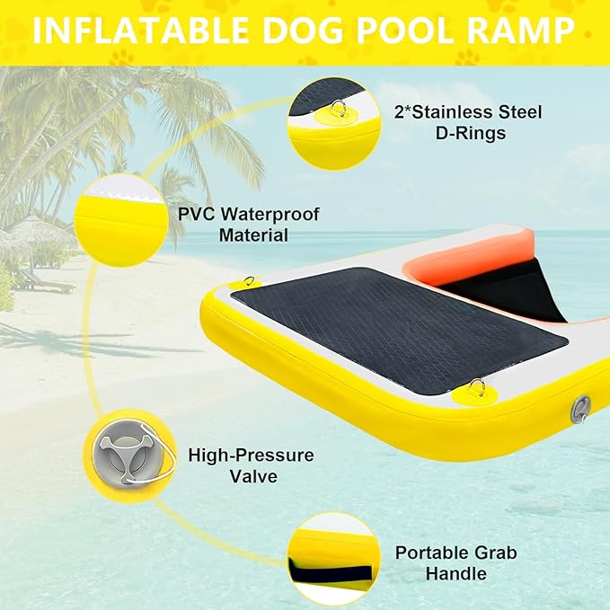 Inflatable Dog Water Ramp, Non-Slip Floating Dock Ladder for Pools, Boats & Lakes, Pool Ramp for Dogs Up to 200 Pounds, Orange Yellow