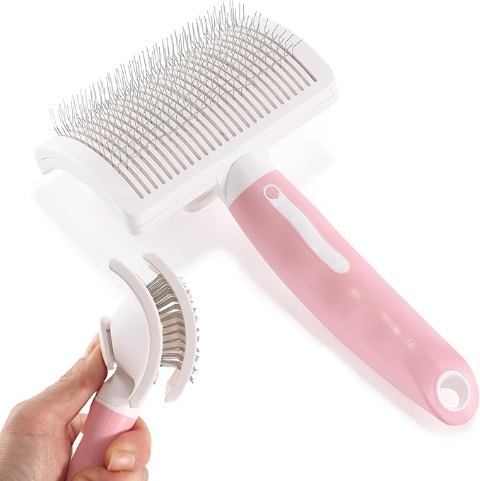 Dog Self Cleaning Slicker Brush with One Button Fur Removal Deshedding Brush for Dogs and Cats with Long Hair for Shedding Massaging Grooming Pink
