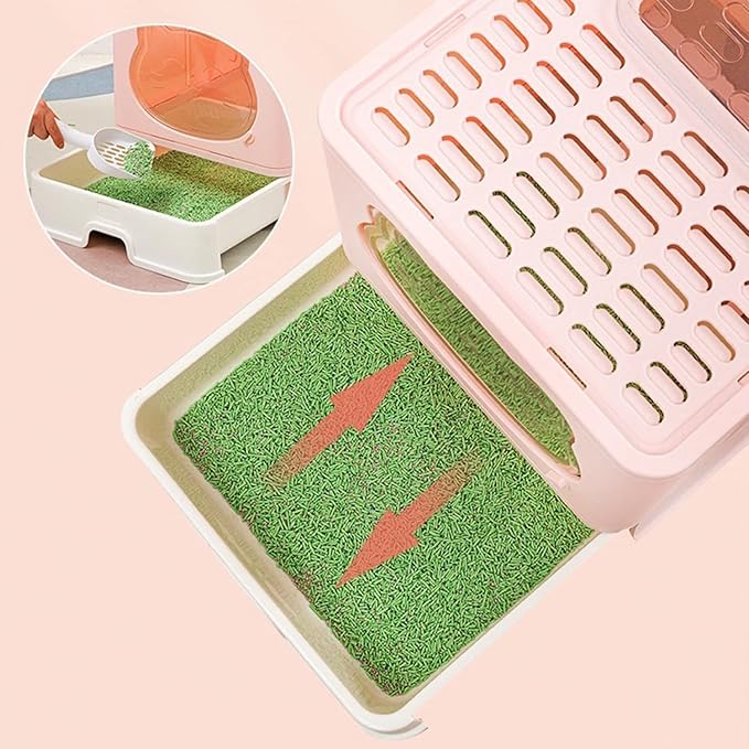 Top Entry Cat Litter Box with Lid, Anti-Splash Foldable Cat Litter Box with Activated Carbon Keeping Air Fresh, Drawer Type Easy to Clean (Green)