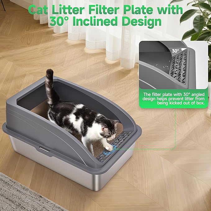 2 Pack Stainless Steel Cat Litter Box with Lid, XL Extra Large for Big Cats, 24" L x 16" W x 12" H, Metal Litter Box High Sided, Easy Cleaning, Include Scoop (Dark Gray & Light Gray)