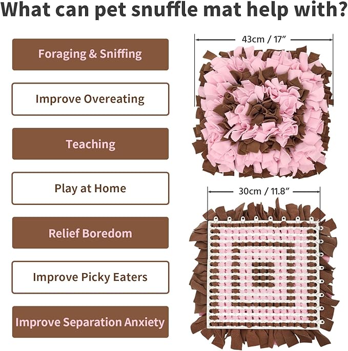 Pet Snuffle Mat for Dogs, Dog Feeding Mat, Nosework Training Mats for Foraging Instinct Interactive Puzzle Toys (Brown&Pink)
