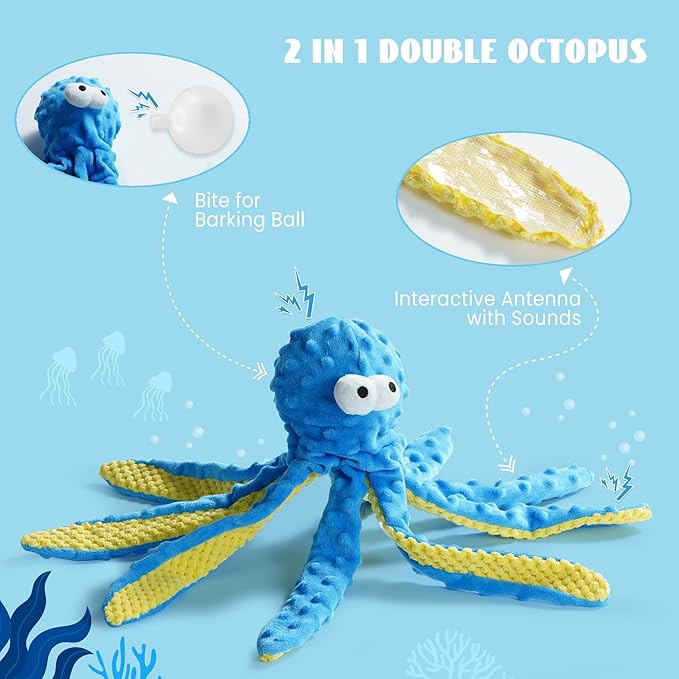 Nocciola 4 Packs Crinkle Squeaky Dog Toys for Aggressive Chewers, Durable Stuffed Plush Rope Tug Puppy Toy for Small, Medium Large Dogs, Octopus Fish Ocean Beach Summer, Dog Birthday Gifts