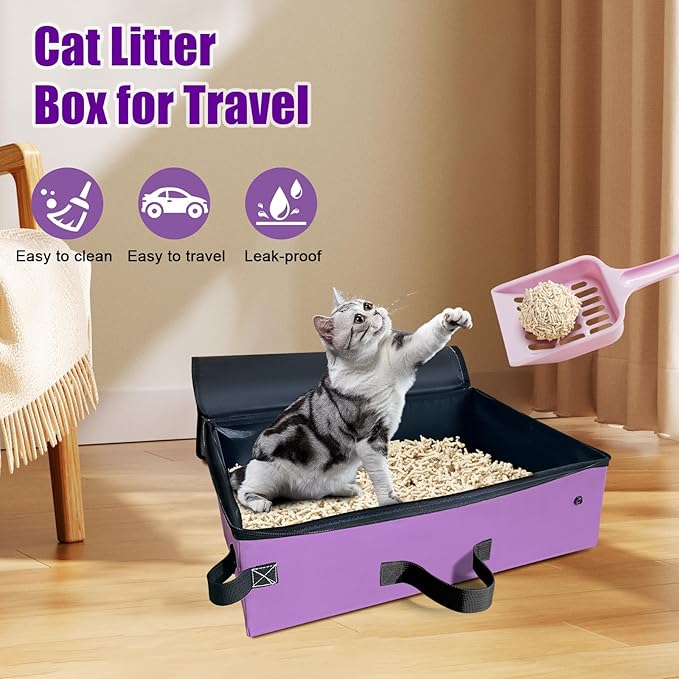 Upgraded Portable Cat Travel Litter Box with Zipped Lid & 10 Liners, Leak-Proof and Foldable Travel Cat Litter Box for Hotels, Car, and Camping, Odor-Free & Waterproof, 20x14x6.5 Inches (Purple)