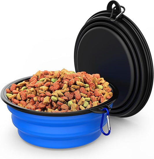 2 Pack Collapsible Dog Bowl Travel Portable Pet Bowls [20oz,600ml],Expandable Foldable Food Water Feeding Dishes for Traveling Hiking Walking,with Carabiners [Black,Blue]