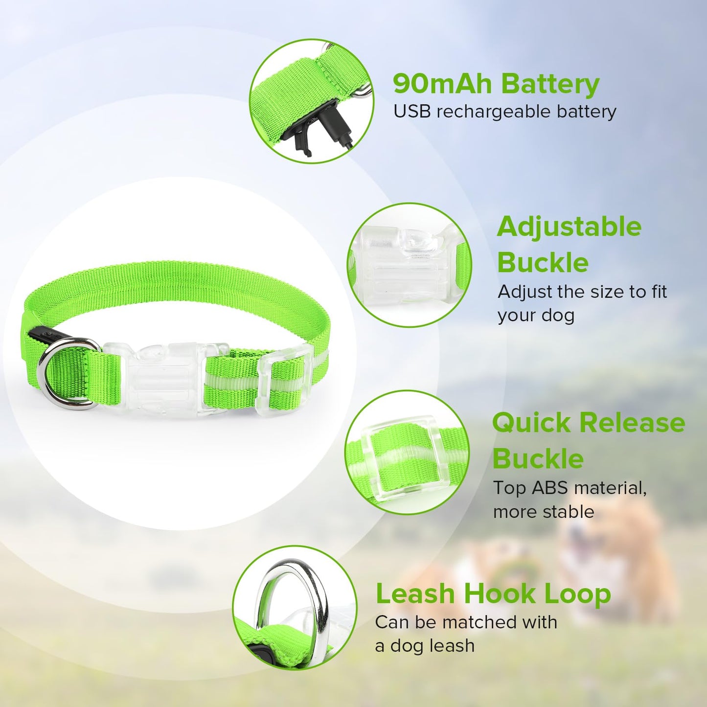 Jewyow Light Up Dog Collar, Adjustable USB Rechargeable Glow in Dark Dog Collar ，Waterproof Dog Collars for Small Dogs (Green, Small)