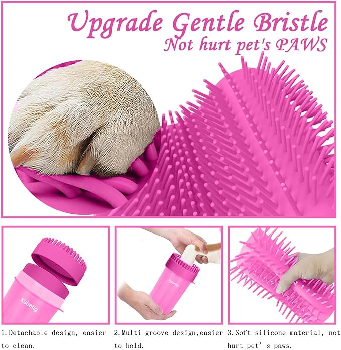 Dog Paw Cleaner for Meduim/Small Breed Dogs with 3Pcs Absorbent Towels & Graspable Dog Bath Brush (Pink, Medium)