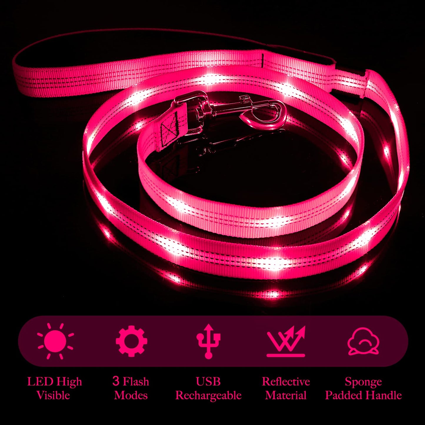 Illumifun LED Dog Leash - USB Rechargeable Light Up Dog Leash Glow in The Dark, Nylon Glowing Dog Lead for Your Dogs Walking (PinkⅡ)