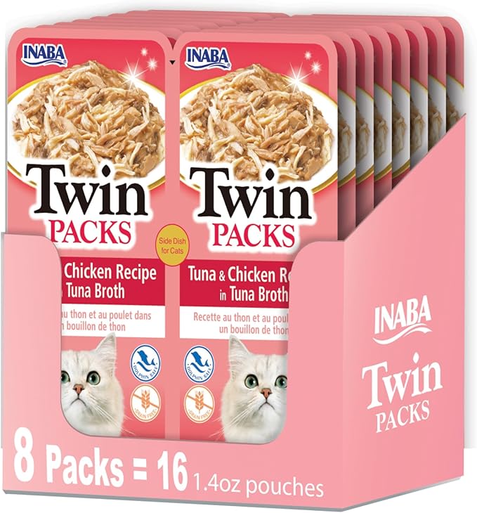 INABA Twin Packs for Cats, Side Dish/Topper Pouch, 1.4 Ounces per Serving, 16 Servings, Tuna & Chicken Recipe in Tuna Broth