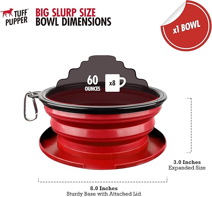 Tuff Pupper SuperBigSlurp Collapsible Dog Bowls | Extra Large Capacity | Portable, Food Safe, Odorless | Non-Toxic Silicone [ Red Bowl 60oz]
