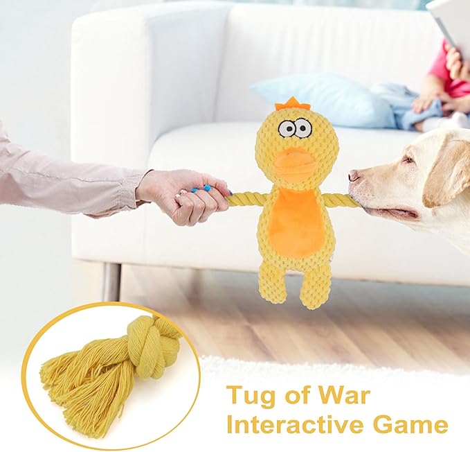 Dog Toys, Dog Squeaker Toys with Crinkle Paper, Stuffed Animal Dog Plush Chewing Toy, Cotton Rope Interactive Toys for Puppy, Small, Middle Dogs (Yellow Duck)