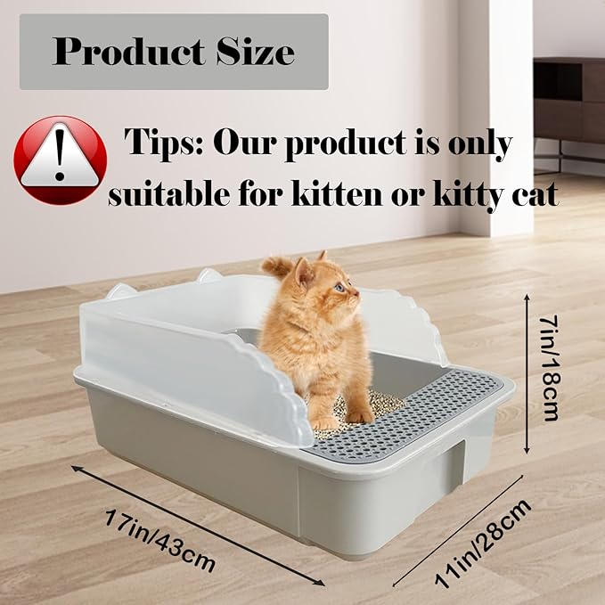 kathson Open Small Cat Litter Box with High Side,Anti-Splashing Kitten Litter Pan,Semi-Enclosed Removable Kitty Cat Toilet with Litter Sifting Scoop for Boxes Easy to Clean No Odor-Grey