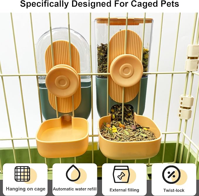 Hanging Automatic Pet Food Water Dispenser, 35oz Rabbit Feeder for Cage Gravity Feeder Siphon Waterer Set for Rabbit Chinchilla Hedgehog Ferret Cat Puppy (Orange)