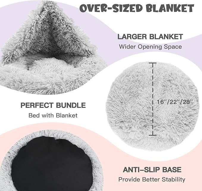 Himax Donut Bed for Small Medium Dogs With Attached Blanket - Calming, Washable (20"/26"/35") Light Grey