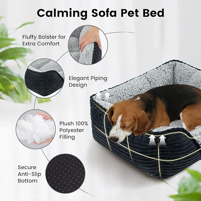 Miguel Washable Dog Bed for Small Dogs, Easy to Wash Cat Sofa Bed with High Sides, Rectangle Bolster Cat Bed Calming Cuddle Puppy Bed with Anti-Slip Bottom, Black 20 Inch