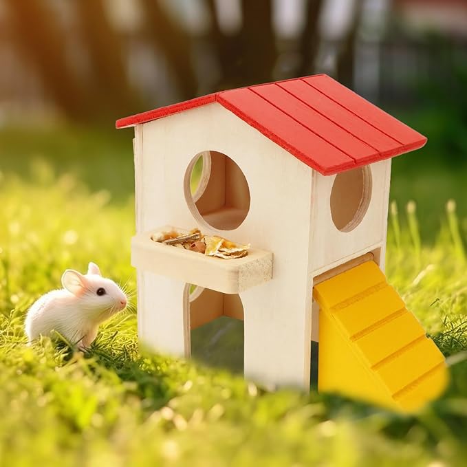 Hypeety Wooden Hamster Villa House & Maze Hideout Cage - Exercise Toys for Dwarf Hamsters, Gerbils, and Small Pets Natural Wooden Habitat with Climbing Accessories (Villa House)
