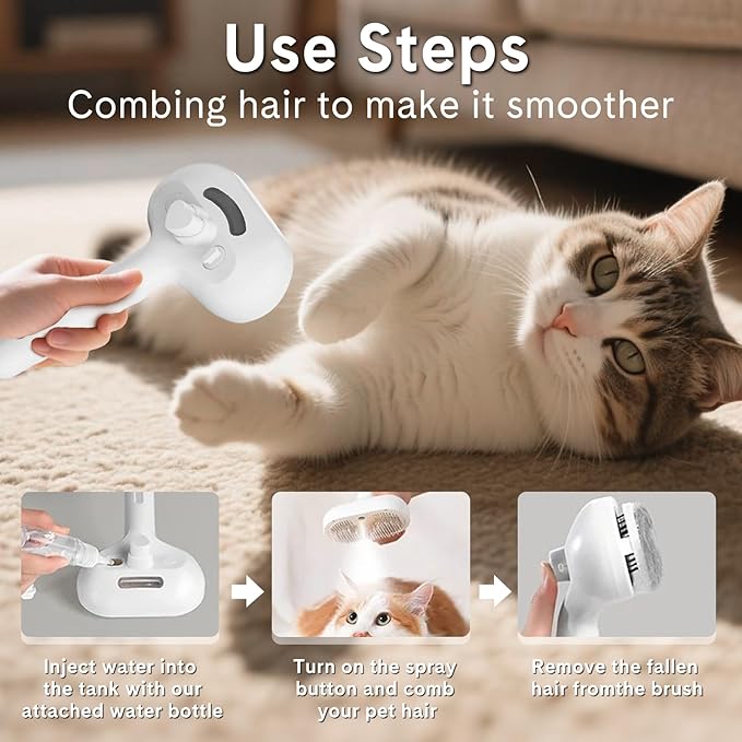 Pet Steam Brush for Dog & Cat,4-in-1 Spray Hair Removal Comb with Waterless Shampoo,Steam for Shedding & Grooming–Water Brush for Long & Short Haired Pets –Anti-Static & Skin-Friendly Design (White)