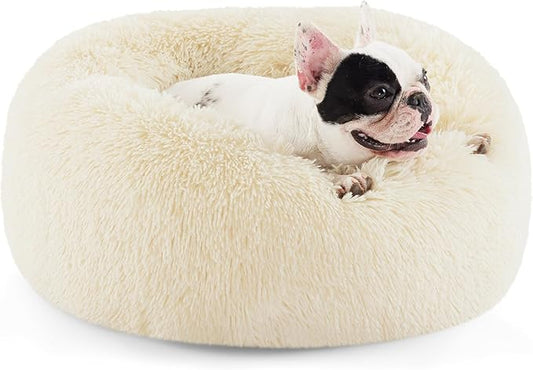 Bedsure Calming Dog Bed for Small Medium Dogs - Donut Washable Medium Pet Bed, 27 inches Anti-Slip Round Fluffy Plush Faux Fur Cat Bed, Cream