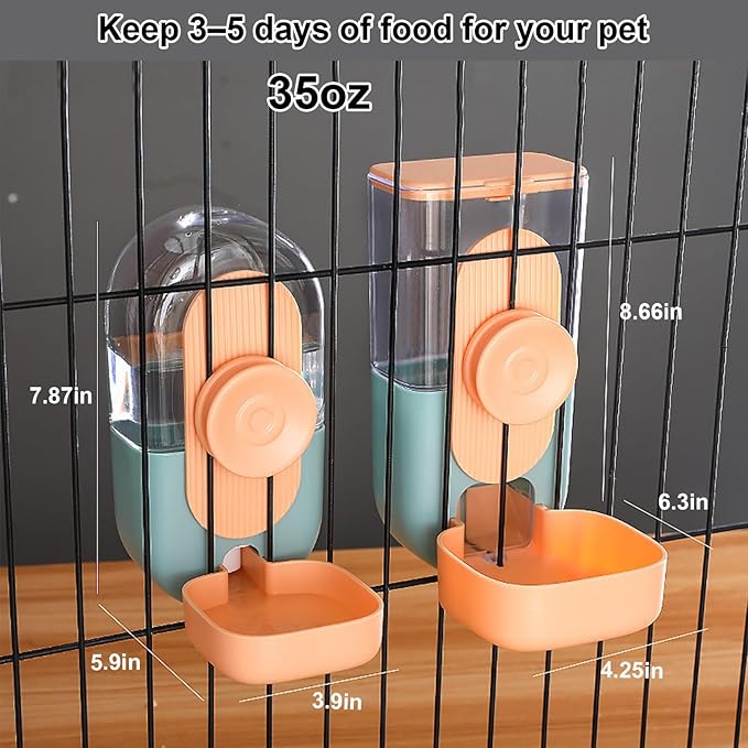 Hanging Automatic Pet Food Water Dispenser, 35oz Rabbit Feeder for Cage Gravity Feeder Siphon Waterer Set for Rabbit Chinchilla Hedgehog Ferret Cat Puppy (Orange)