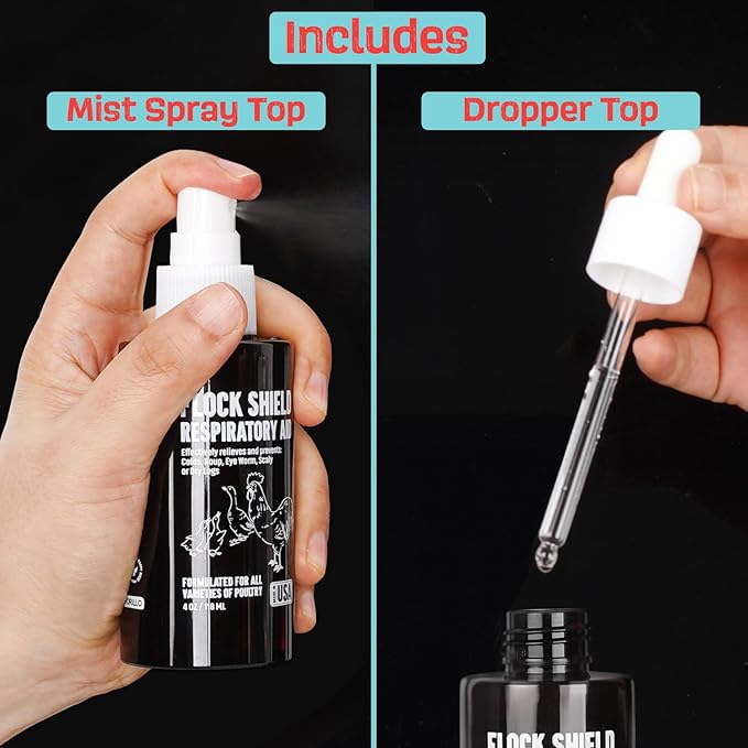 Flock Shield Respiratory Aid for Poultry - [Made in USA] - 4oz Chicken Supplement, Rooster Booster for Respiratory System - Dropper, Spray Top Included - Safe for All Birds - Drinking Water Additive