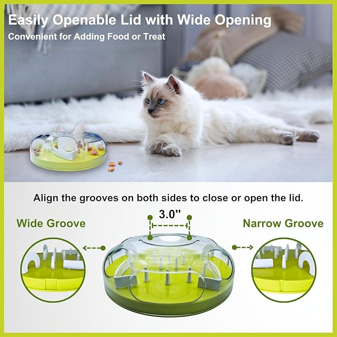 Interactive Cat Treat Puzzle, Food Dispenser, Cat Stimulation Maze, Slow Feeder, Enrichment Toys for Indoor Cats and Kittens (Neon Green)