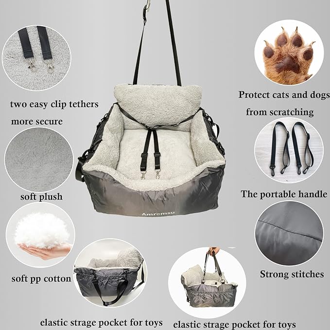 Small Dogs Car Seat Under 25,Fully Detachable and Washable Ultra Soft Carseat Travel Bed, with Clip-on,Two Portable Handle and Storage Pockets Pet Booster Seats,Portable Dog CarTravel Carrier Bed