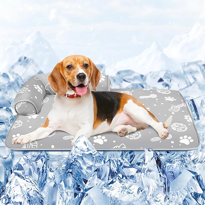 MH MYLUNE HOME Dog Cooling Mat with Supportive Pillows, 39"x28" Arc-Chill Fiber & Endothermic Color Changing Self Cooling Pad, Foldable & Washable Non-Toxic Summer Pet Blanket