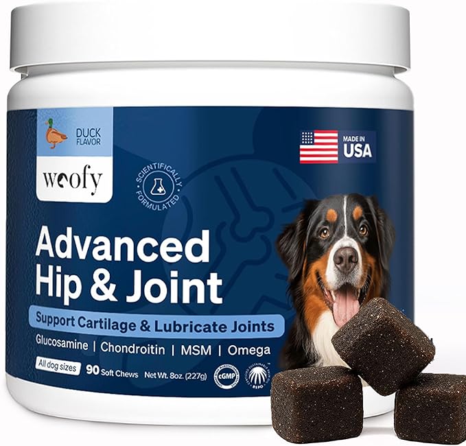 Woofy Advanced Strength Hip & Joint Health Supplement for Dogs - with Glucosamine, Chondroitin, MSM, Omega 3 and Green Lipped Mussel, 90 Flavored Chews for Small and Medium Dog Breeds