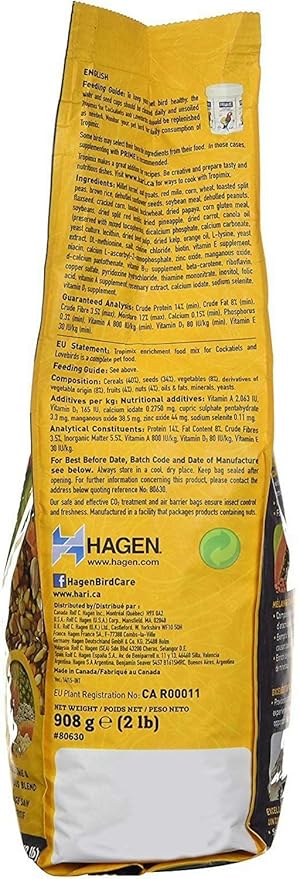 Hagen Tropimix Enrichment Food for Cockatiels & Lovebirds, 2 lb. - HARI Parrot Food with Seeds, Fruit, Nuts, Vegetables, Grains, and Legumes