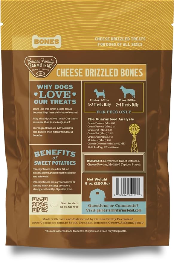 Gaines Family Farmstead Cheese Drizzled Sweet Potato Dog Bones - 8 oz Bag, Grain-Free, All-Natural Dog Treats for Digestion, Skin, Energy & Immunity – Limited Ingredient, Made in USA