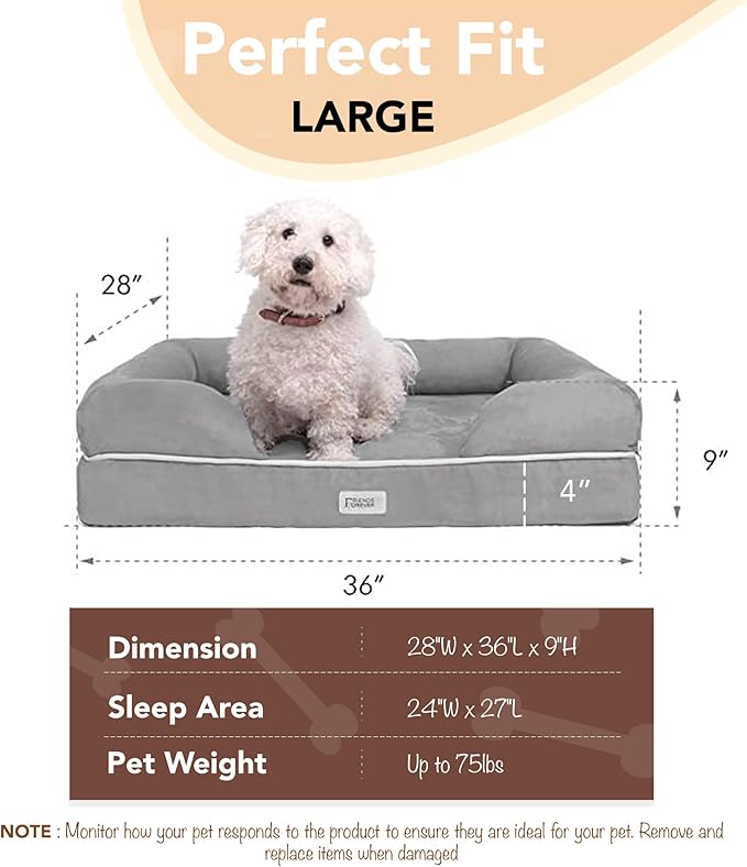 Friends Forever Large Dog Bed, Orthopedic Pet Sofa Memory Foam Mattress, Calming Dog Couch, Wall Rim Pillow, Water Resistant Liner, Washable Cover, Non-Slip Bottom, Chester, Large Grey