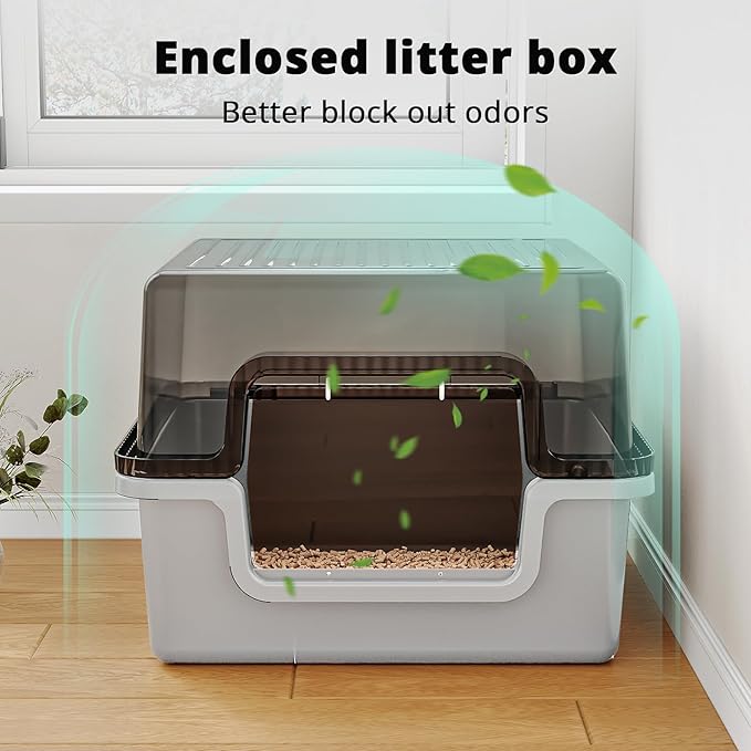 Oneluck Large Covered Cat Litter Box with Scoop and Transparent Lid, Non-Stick, Durable, Easy-Clean Pan for Multi-Cat Households,XL,Gray