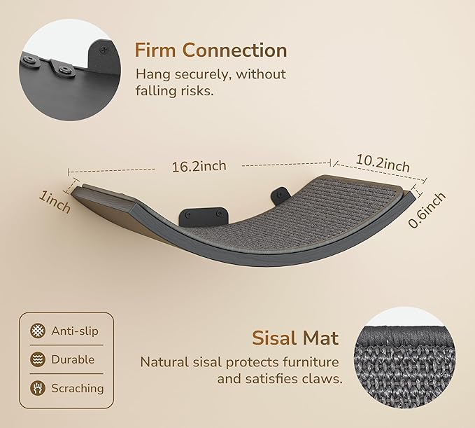 Gray Cat Wall Shelf with Grey Sisal Mat, Curved Cat Bed for Scratching and Resting, Wall Mounted Hammock for Large Cats