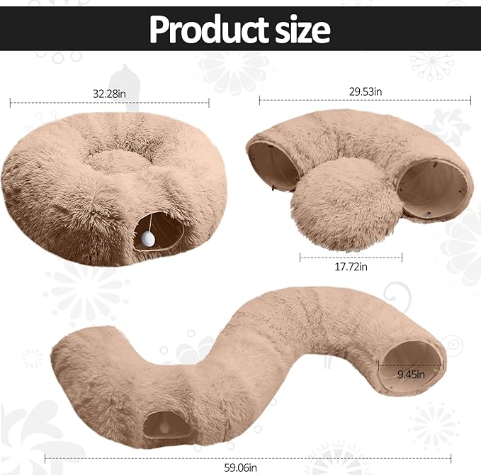 Cat Tunnel Bed for Indoor Cats - Cute Cat Donut Tunnel Toys with Washable Circle Cushion, Round Pet Peekaboo Cave Toy for Kitten/Puppy/Rabbit (Brown)