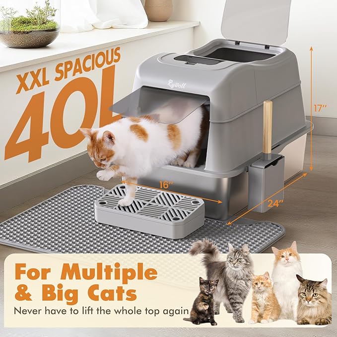 Rywell Stainless Steel Litter Box, 180° Flip-Cover Cat Litter Box, XL Extra Large Metal Litterbox for Big Cats, Includes Litter Scoop & Litter Mat, Anti-Leakage, Non-Stick, Easy Cleaning