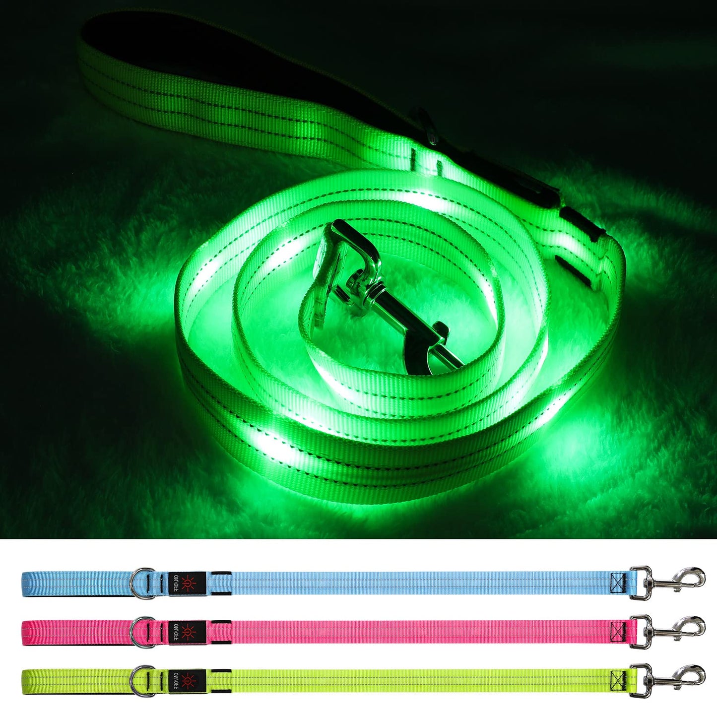 Led Light Up Dog Leash - 4 Ft Rechargeable Waterproof Nylon Reflective With Padded Handle for Night Walking, Safety Glow in The Dark for Large Medium Small Pets