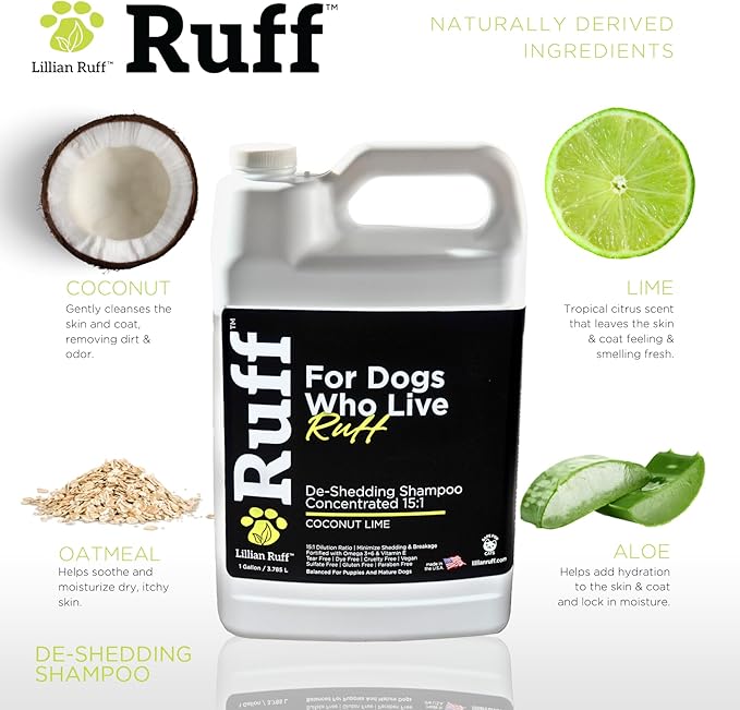 Ruff by Lillian Ruff 15:1 Concentrated Deshedding Dog Shampoo – Extra-Strength Shedding & Odor Control – Aloe, Coconut Oil & Vitamin E – Puppy Safe, USA Made - Coconut Lime – Gallon Pump